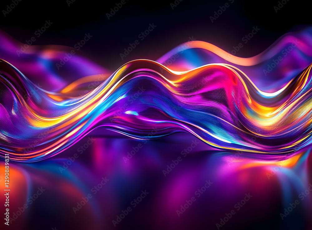 Obraz premium Vibrant, iridescent waves flow across a dark, reflective surface. The fluid, luminous forms create a captivating, abstract landscape.