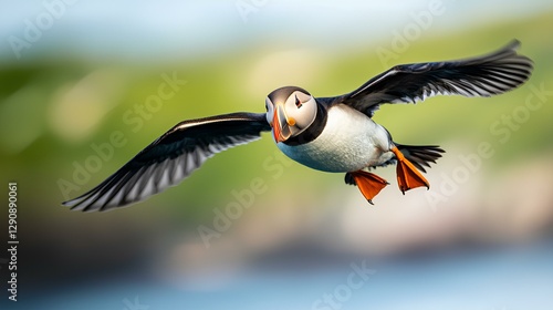 Puffin flying over the sea, with green islands in the background