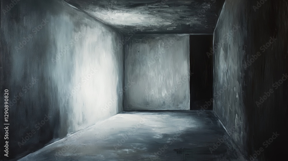 Obraz premium Empty room with gray walls, moody lighting, dark doorway, and a minimalist aesthetic. Ideal for backgrounds, artwork, and atmospheric designs.