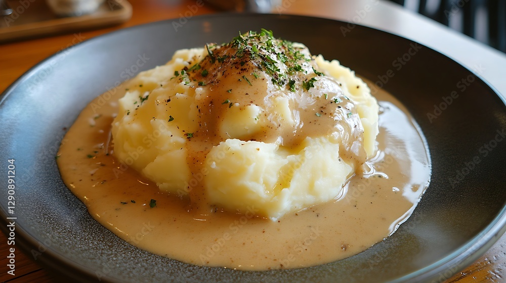 A Plate of Creamy Mashed Potatoes with Gravy A Plate of Creamy Mashed Potatoes with Gravy