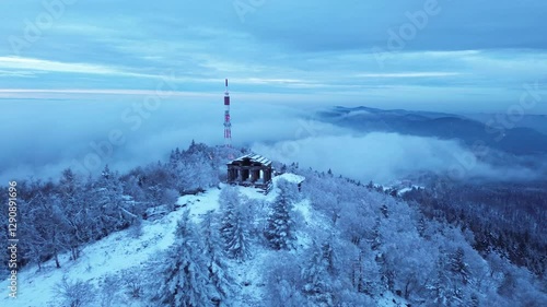 Winter Aerial view of the Temple du Donon in the Vosges photo