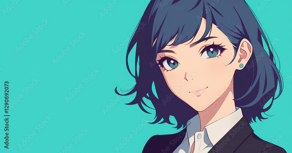 Graceful Cute Japanese Woman with Short Blue Hair Wearing Outfit Ideal for Anime Art and Modern Designs Graceful Cute Japanese Woman with Short Blue Hair Wearing Outfit Ideal for Anime Art and Modern Designs