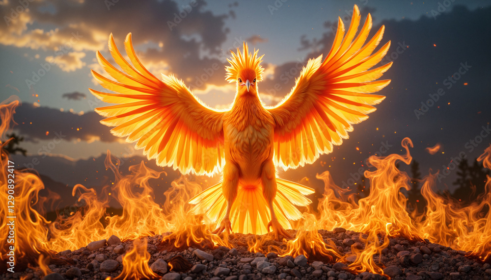 Fototapeta premium Phoenix rising from ashes in fiery display, rebirth and self-discovery