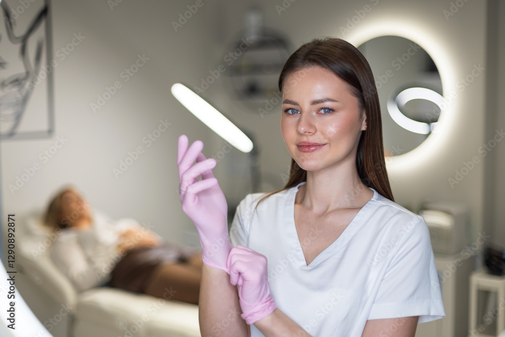 Beautiful young cosmetologist girl in white coat putting on pink gloves in beauty studio. Patient woman lying on couch Beautiful young cosmetologist girl in white coat putting on pink gloves in beauty studio. Patient woman lying on couch