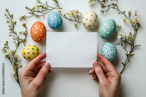 Zwei Hände halten liebevoll Eier und eine leere Karte. Perfekt zum Gestalten persönlicher Ostergrüße
