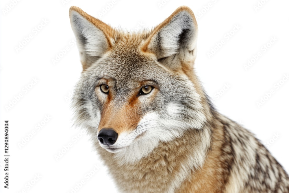 Close-up view of a wolf's face on a white background, suitable for use in wildlife or animal-themed designs Close-up view of a wolf's face on a white background, suitable for use in wildlife or animal-themed designs