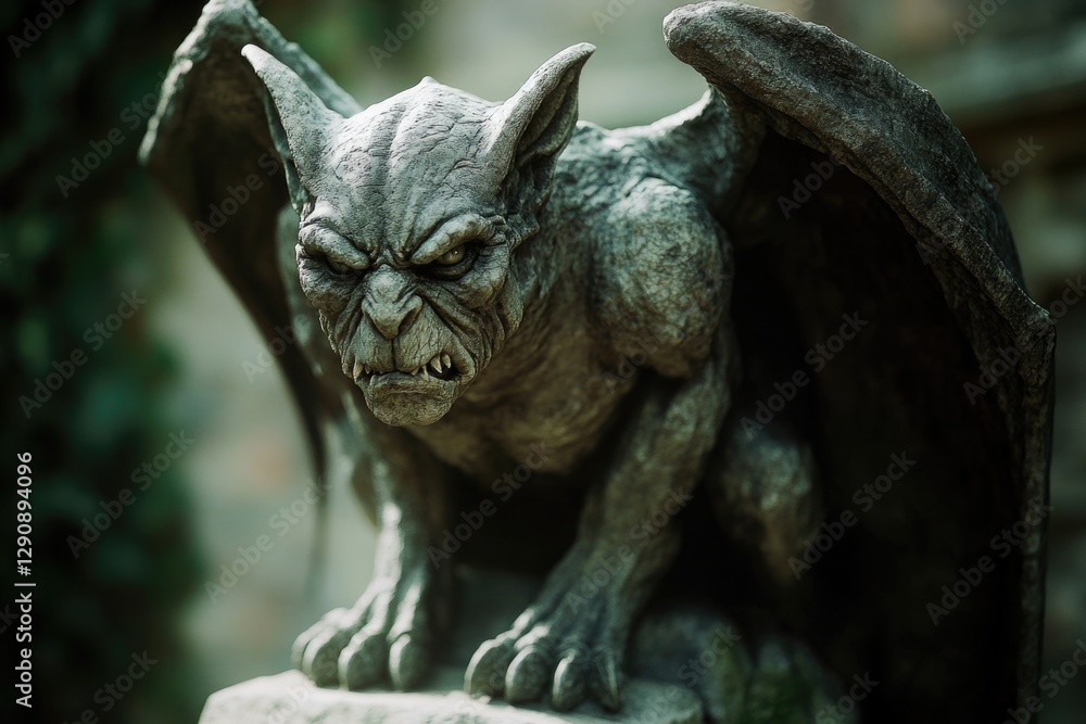 A close-up view of a demonic statue with intricate details and facial expression A close-up view of a demonic statue with intricate details and facial expression