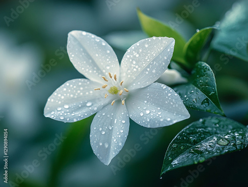 White flower with dew drops glistening in the garden