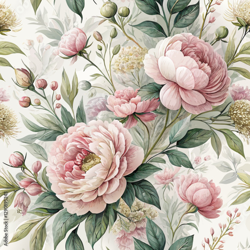 Seamless peony bouquet background, lush peonies in soft pinks and creams with greenery, romantic and elegant  