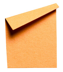 Orange isolated cut out blank paper note cardboard with folded corner dog-ear earmark and copy space for text, transparent png background design element