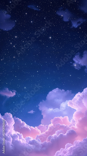 Dreamy Night Sky, Stars, Fluffy Clouds - Fantasy Background, Celestial, Aesthetic, Vertical