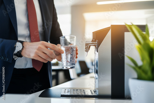 A business professional in a suit fills a clear glass with sparkling water from a modern dispenser in a bright office space during the day. Generative AI