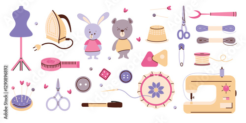 A set of sewing accessories for needlework and sewing on a white background. Vector design.