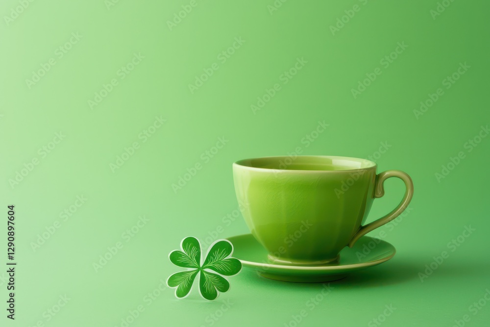 Green cup with shamrock leaf on green backdrop for festive St. PatrickA's greeting. Green cup with shamrock leaf on green backdrop for festive St. PatrickA's greeting.