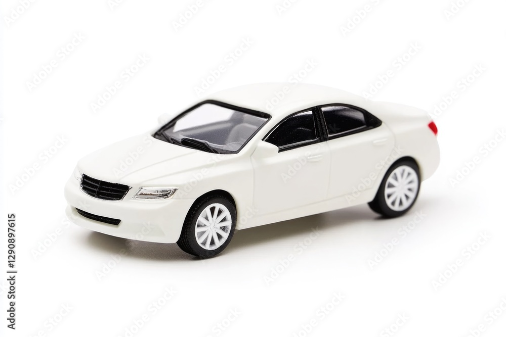 A small white toy car sitting on a clean and empty white surface A small white toy car sitting on a clean and empty white surface