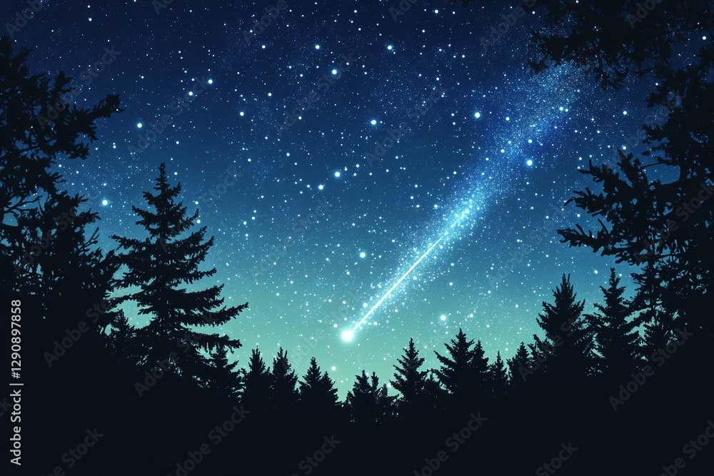 Fototapeta premium Starry sky with northern lights, forest landscape. Green and blue colors. Photorealistic.