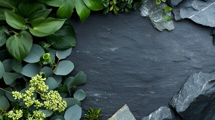 Lush Green Foliage and Dark Grey Stones Frame Natural Background Design