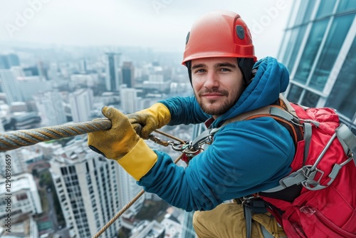A steeplejack expertly navigating a skyscraper curved glass panels while cleaning.