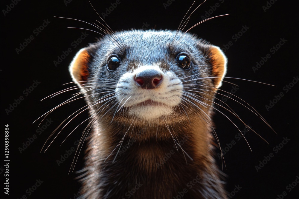 A close-up shot of a ferret's face against a black background, great for use in pet or wildlife themed projects A close-up shot of a ferret's face against a black background, great for use in pet or wildlife themed projects