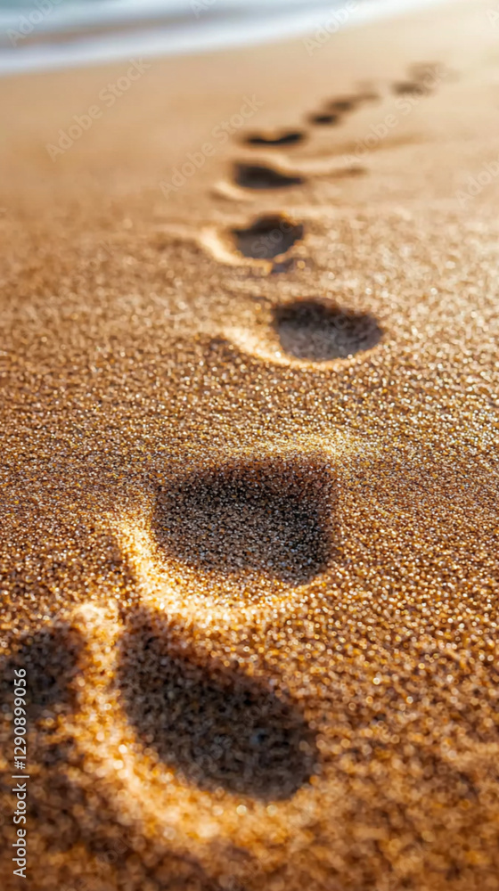 A trail of barefoot human footprints in soft, fine sand A trail of barefoot human footprints in soft, fine sand