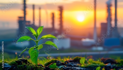 Emerging green life amid industrial pollution urban landscape nature photography sunrise environment close-up view sustainability concept