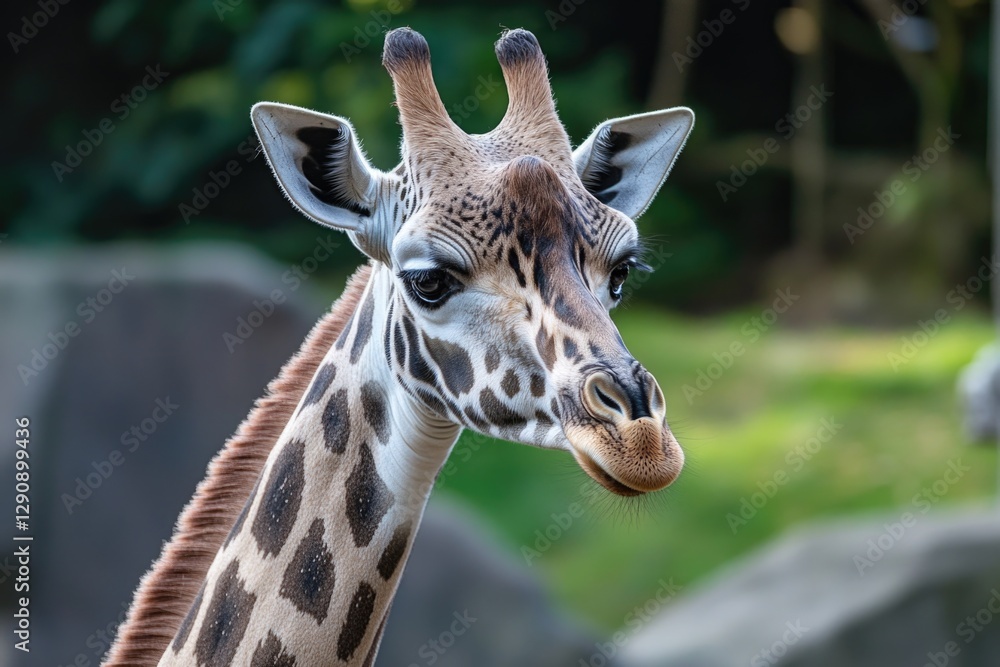 Obraz premium A close-up view of a giraffe's head and neck, showing its distinctive features