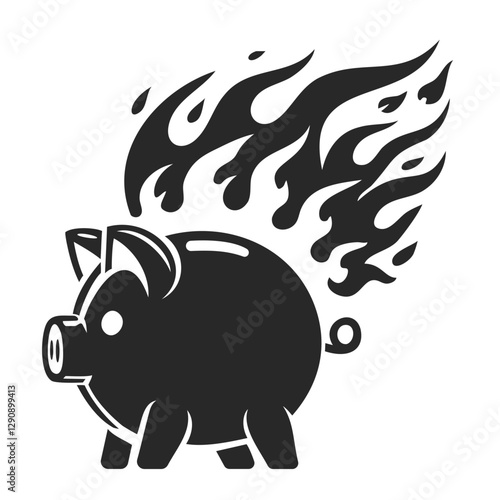 Silhouette of a burning piggy bank, symbolizing financial crisis, loss, or economic instability