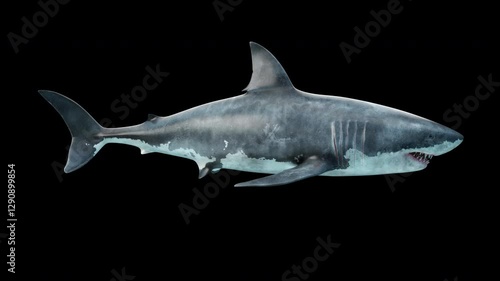 Close-up of a great white shark swimming underwater in a side view, seamless loop animation. Megalodon-inspired, the most fearsome predator in the ocean. Realistic 3D animation in 4K resolution.