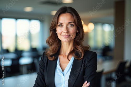 Wallpaper Mural Confident 40-Year-Old Caucasian Woman in a Business Attire Posing Inside a Modern Office Environment with Large Windows and Contemporary Decor Torontodigital.ca