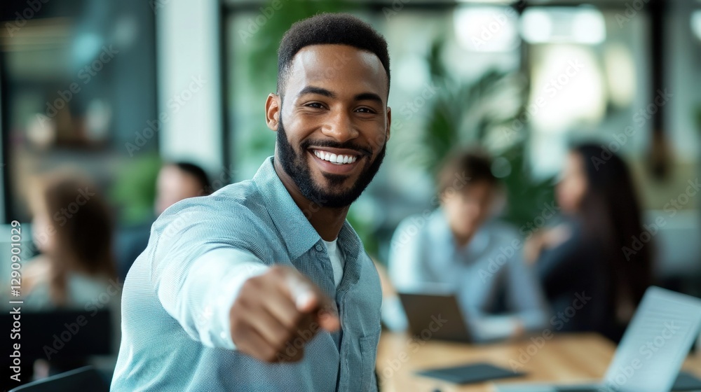 Obraz premium Happy smiling businessman points towards the camera in office