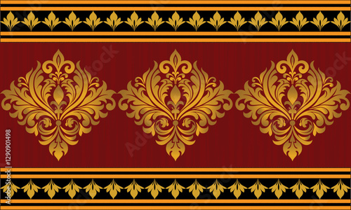 Gold and Red damask pattern, classic, elegant, antique, seamless, vector illustration. Can be used as a background for cards, printed materials, textiles, carpet, cloth, wallpaper, wrapping paper.