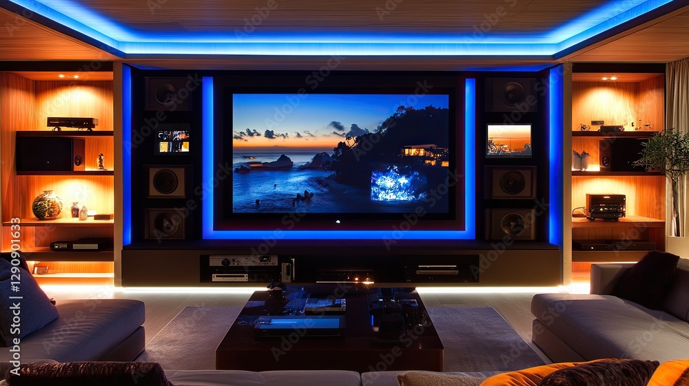 High-tech media wall with smart lighting, hidden speakers, and a sleek design that balances open display and storage. High-tech media wall with smart lighting, hidden speakers, and a sleek design that balances open display and storage.