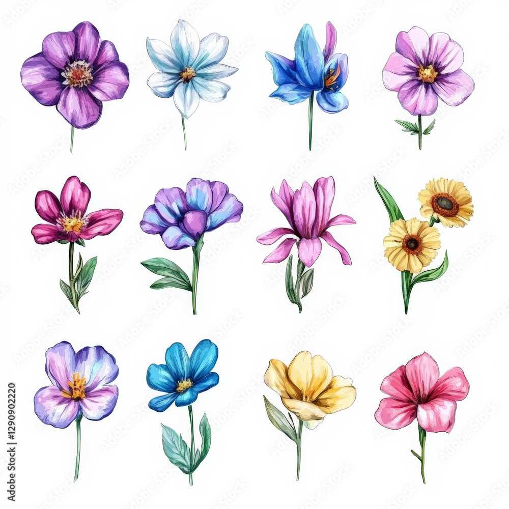 Fototapeta premium A set of flower in style of oil drawing