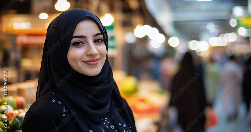 Portrait d'une femme musulmane élégante d'une vingtaine d'années, portant une tenue traditionnelle avec voile, debout gracieusement à l'entrée d'un magasin dans une rue commerçante. Portrait d'une femme musulmane élégante d'une vingtaine d'années, portant une tenue traditionnelle avec voile, debout gracieusement à l'entrée d'un magasin dans une rue commerçante.