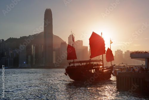 Photography Traditional Chinese sailing ship with red sails, Hong Kong