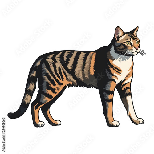 Striped domestic cat walking gracefully in a bright and spacious room during daylight hours