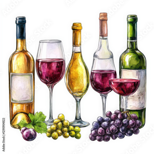 A set of wine in style of oil drawing