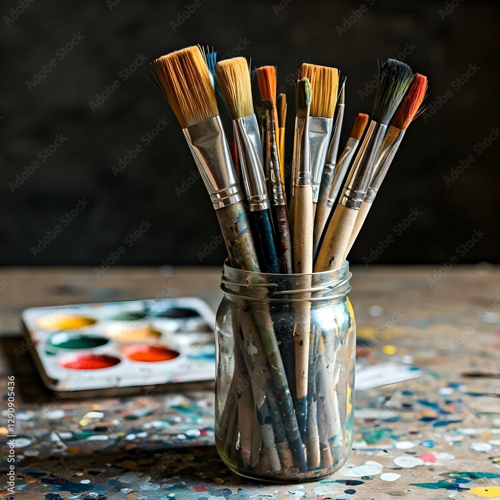 Fototapeta premium Paintbrushes in a glass jar resting on a messy artist's workbench