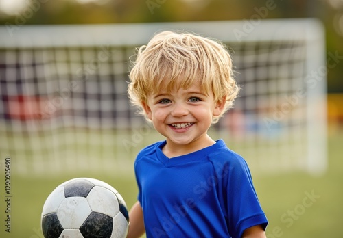 Happy child playing soccer on a school field, wearing a blue jersey and holding a ball. Kids' sports activity during summer vacation. photo