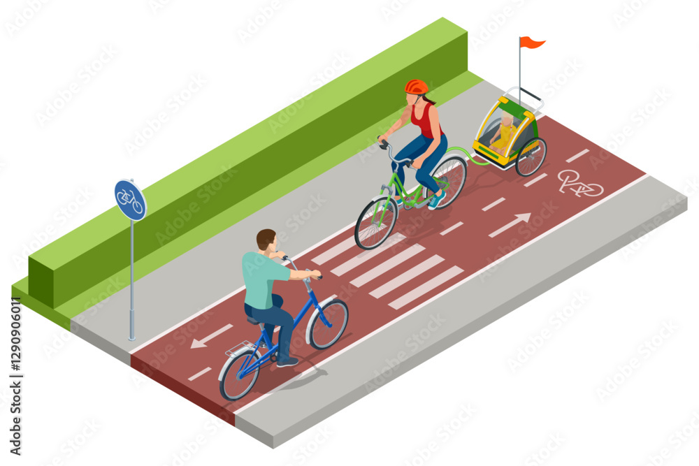 Φωτογραφία Isometric woman cycling with a baby trailer along a red bike lane, passing a man riding a blue bicycle in the opposite direction