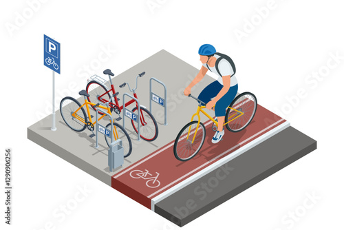 Isometric vector of a man cycling on a bike path near a bicycle parking zone filled with colorful bikes. The cyclist is wearing a helmet and backpack, riding a yellow bicycle. Bicycle, bike, path