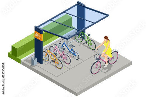 Isometric vector of a bicycle parking zone with a transparent roof, several colorful parked bicycles, and a woman in a yellow dress riding a pink bike with a front basket. Bicycle, bike, path