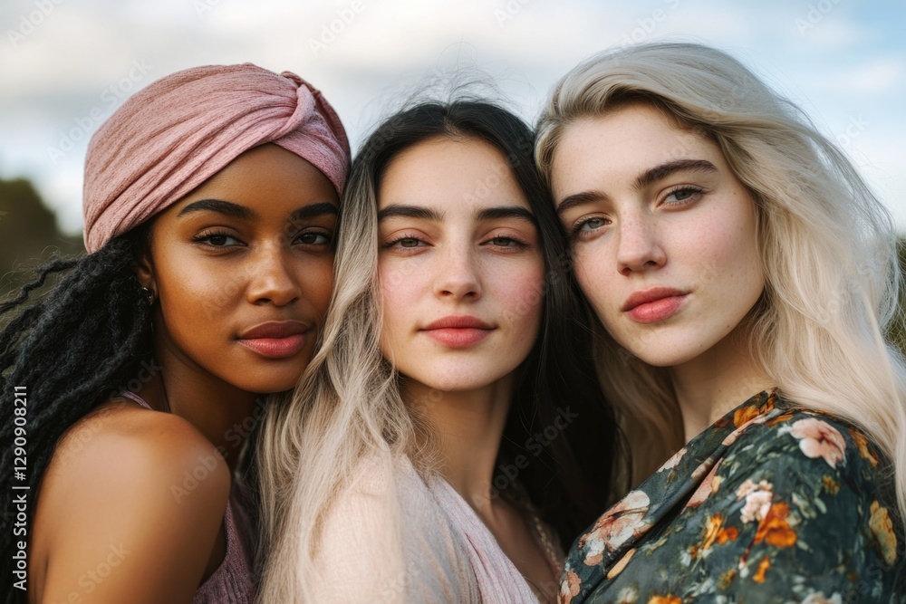 Three women standing side by side, smiling and having fun Three women standing side by side, smiling and having fun