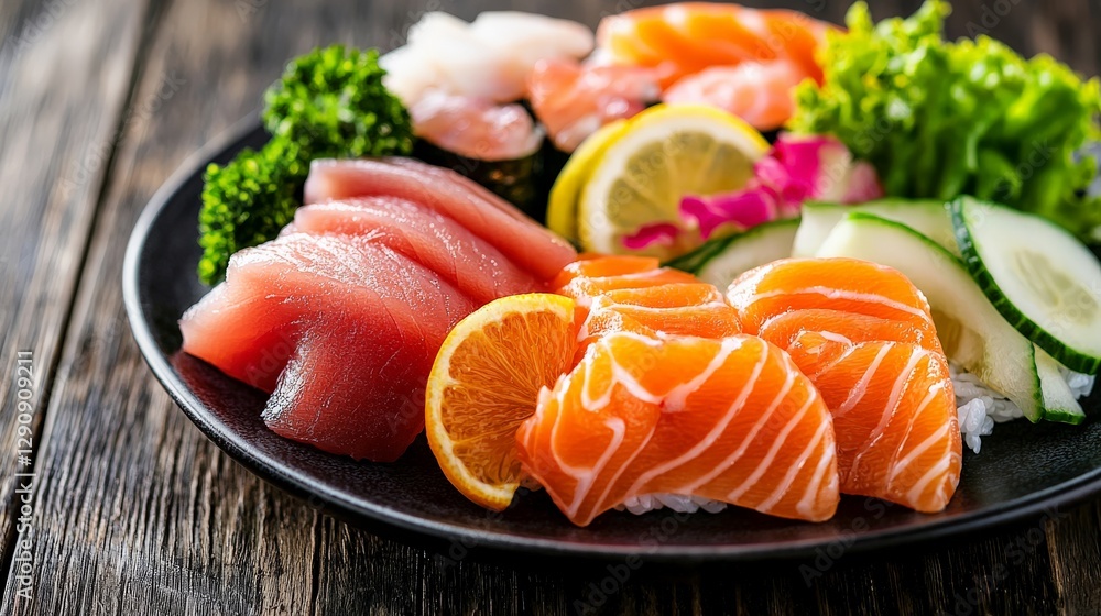 Colorful Sashimi Plate with studio lighting enhancing the fresh cuts of fish and garnishes, on a dark wooden table Colorful Sashimi Plate with studio lighting enhancing the fresh cuts of fish and garnishes, on a dark wooden table