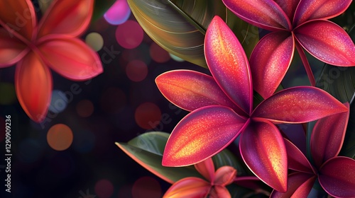 Closeup of Vibrant Red Plumeria Flowers with Dew Drops on Dark Bokeh Background