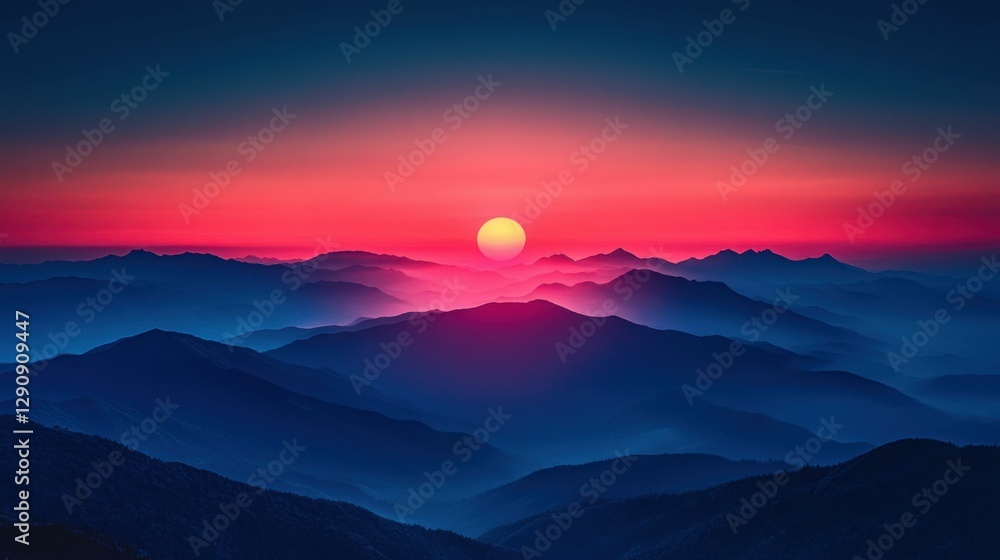 Fototapeta premium Serene mountain landscape with a vibrant sunset and layers of hills, Generated AI