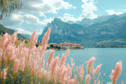 Pink fjords ascending in the French Alps, summertime, road and village in the background.