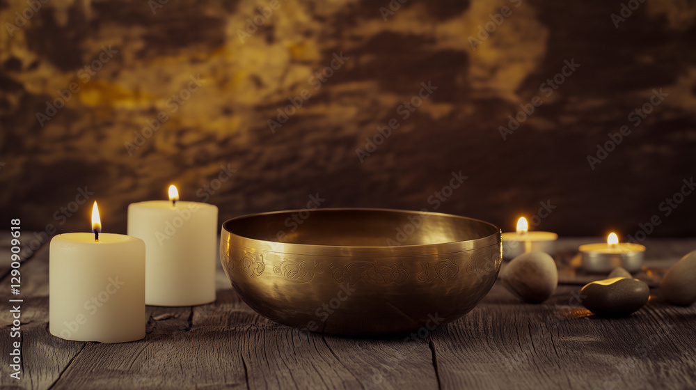 Obraz premium Golden candle flame flickering beside a singing bowl