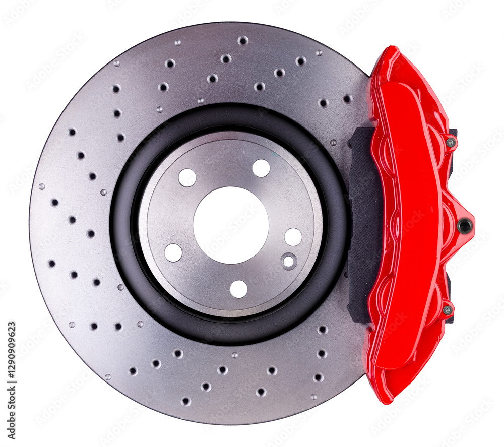 high-performance car disc brake system showcasing a ventilated rotor and a bright red caliper, designed for enhanced stopping power isolated on white background. motorsport and tuning industy.