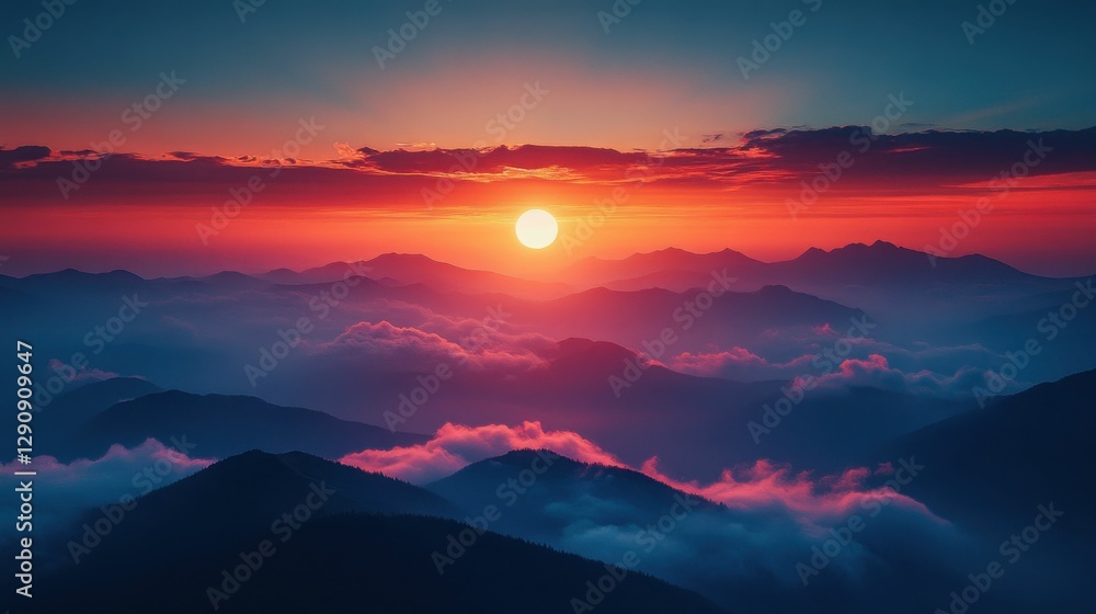 Obraz premium Majestic Mountain Sunset with Clouds, Awe-Inspiring Nature Scene, Digital Art, Generated AI